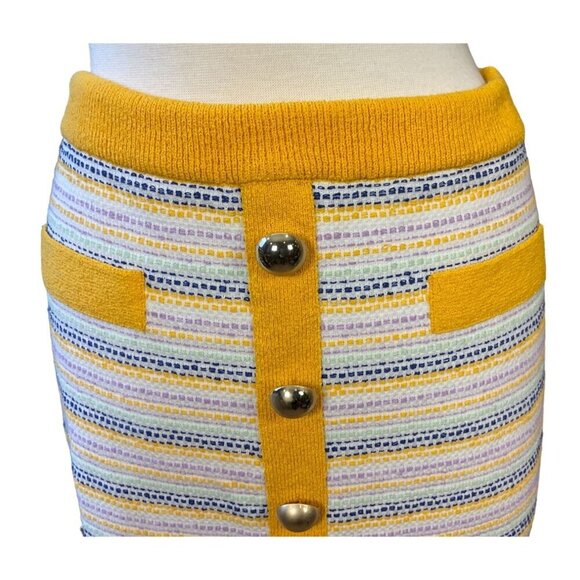 Milly Striped Yellow Tweed Pull-on Elastic Waist Mini Skirt Button Accents L NWT - Picture 3 of 9